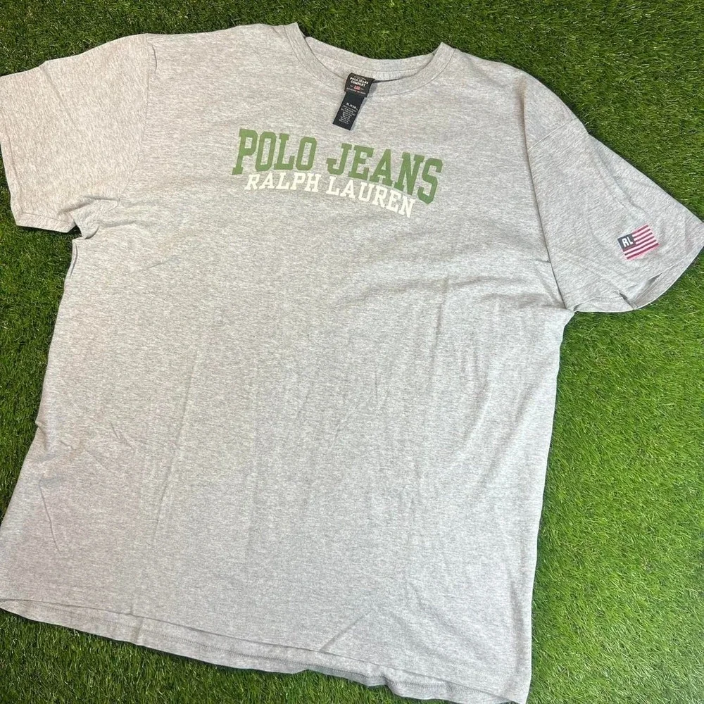 Polo Jeans Ralph Lauren Spell Out Logo T Shirt Gray Flag Sleeve Mens XL Tee